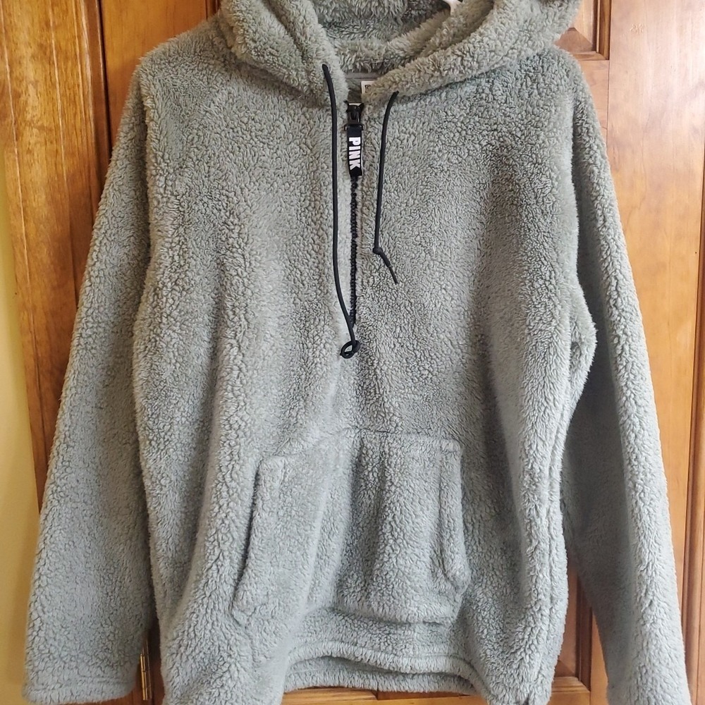 PINK Victoria's Secret Small Sherpa Hoodie Women Sage Green Quarter Zip Pullover